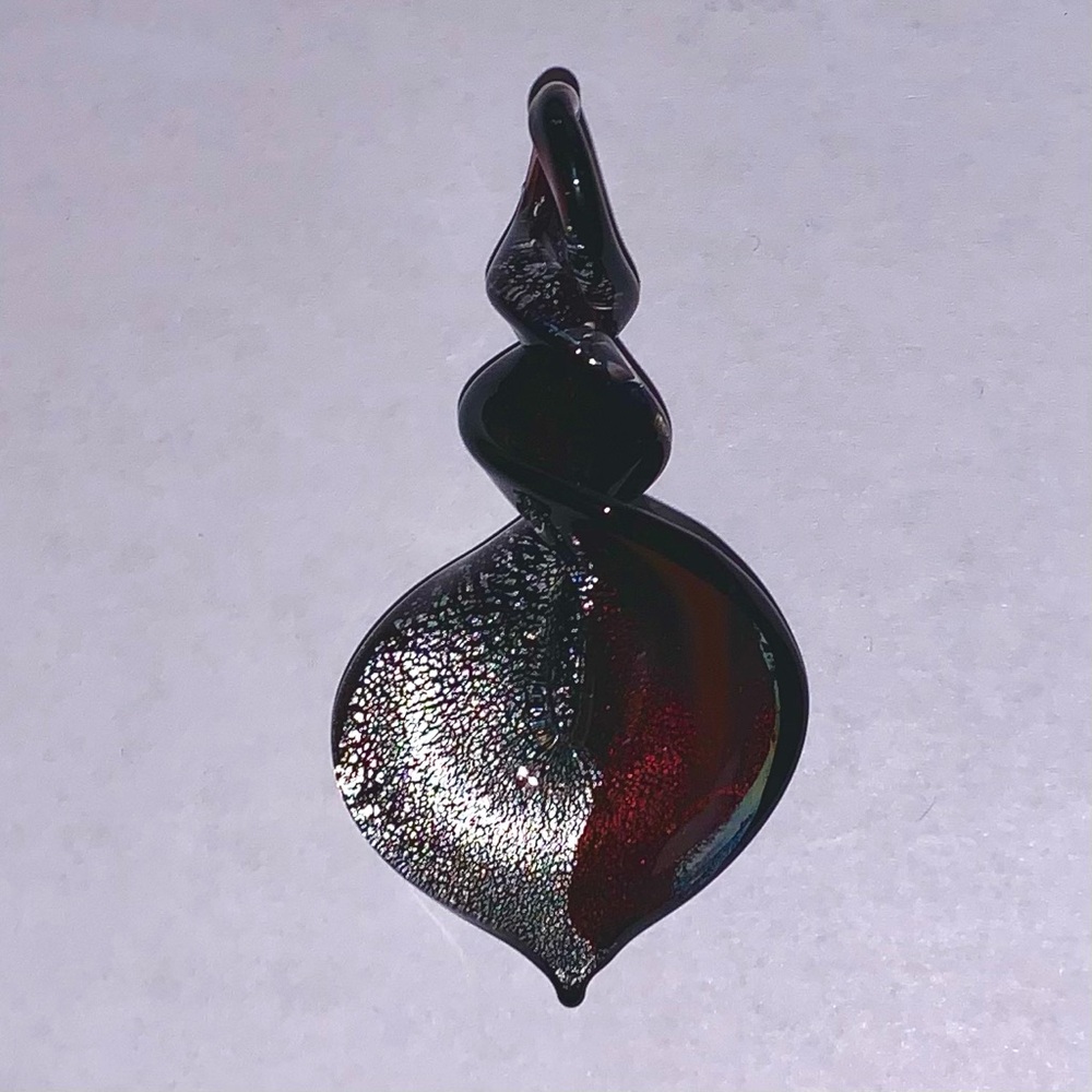 Handmade Glass Pendant Twisted Heart Shape. Silver, Red and Black.
